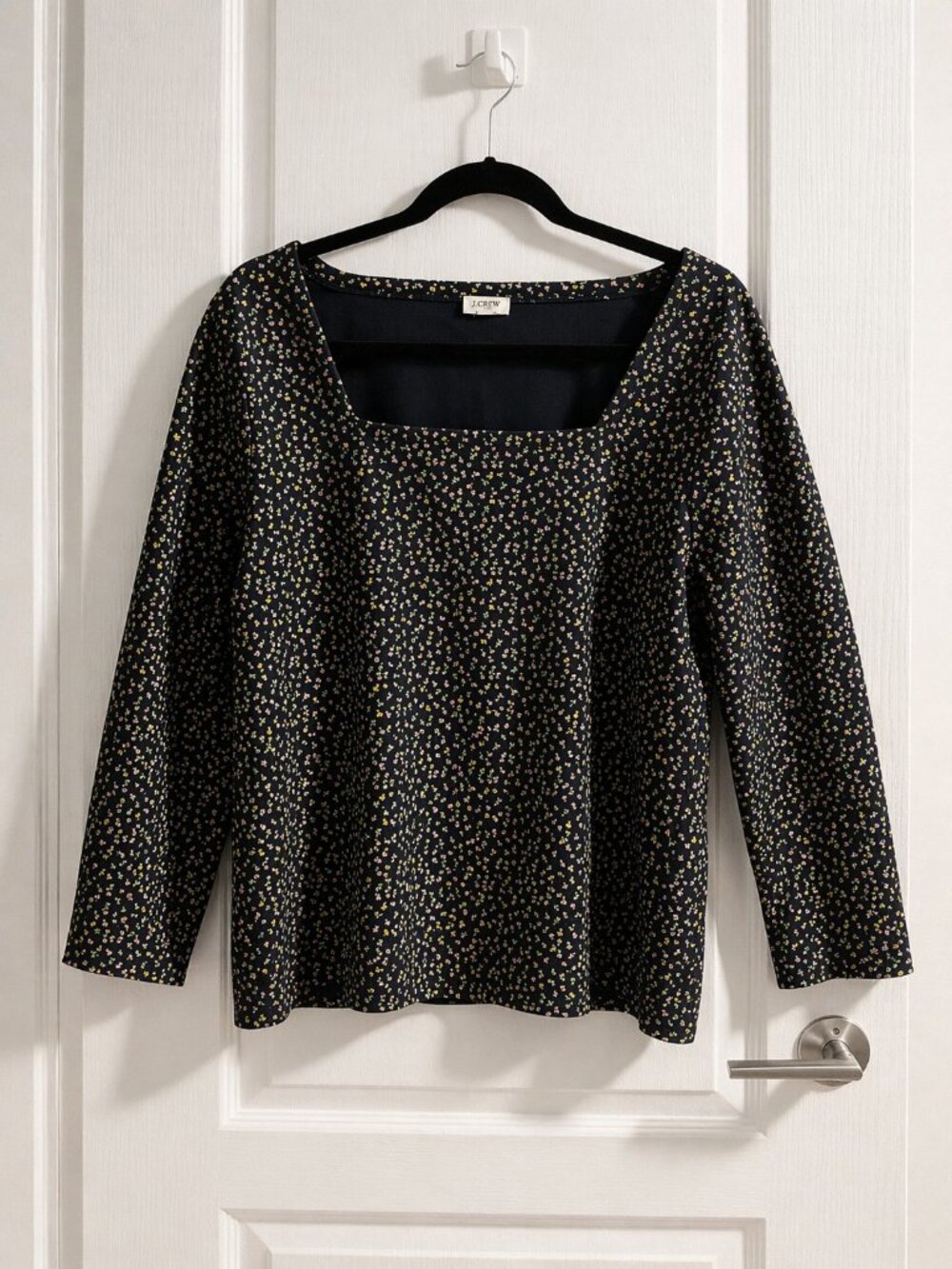 J.Crew XL Navy Ditsy Floral Square Neck Long Sleeve Stretch Top